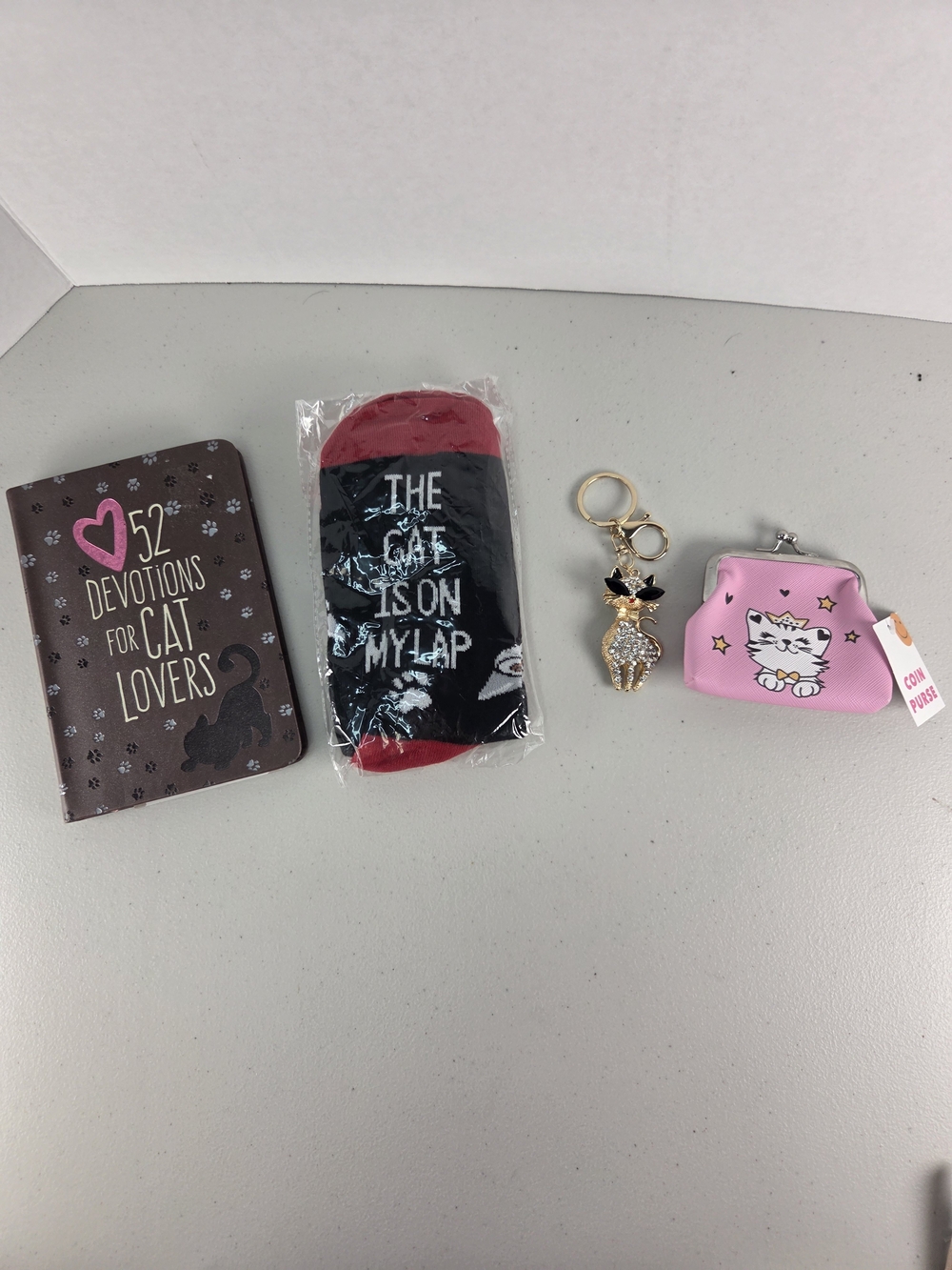 4 Piece Crazy Cat Lady Bundle Bag Charm, Kisslock Wallet, Cat Socks, Book.